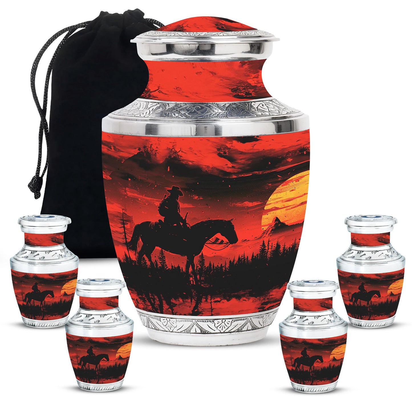 Cowboy Theme Large Urn With 4 Keepsake Urn