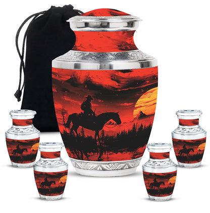 Cowboy Theme Large Urn With 4 Keepsake Urn