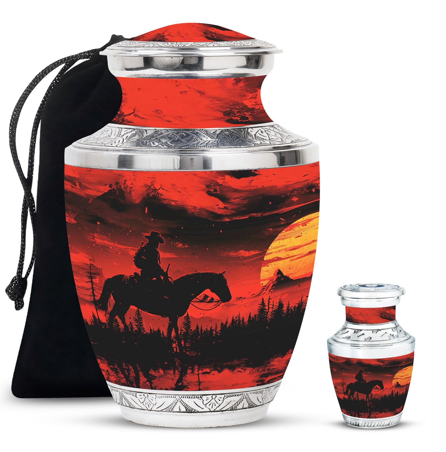 Cowboy Theme Large Urn With 1 Keepsake Urn