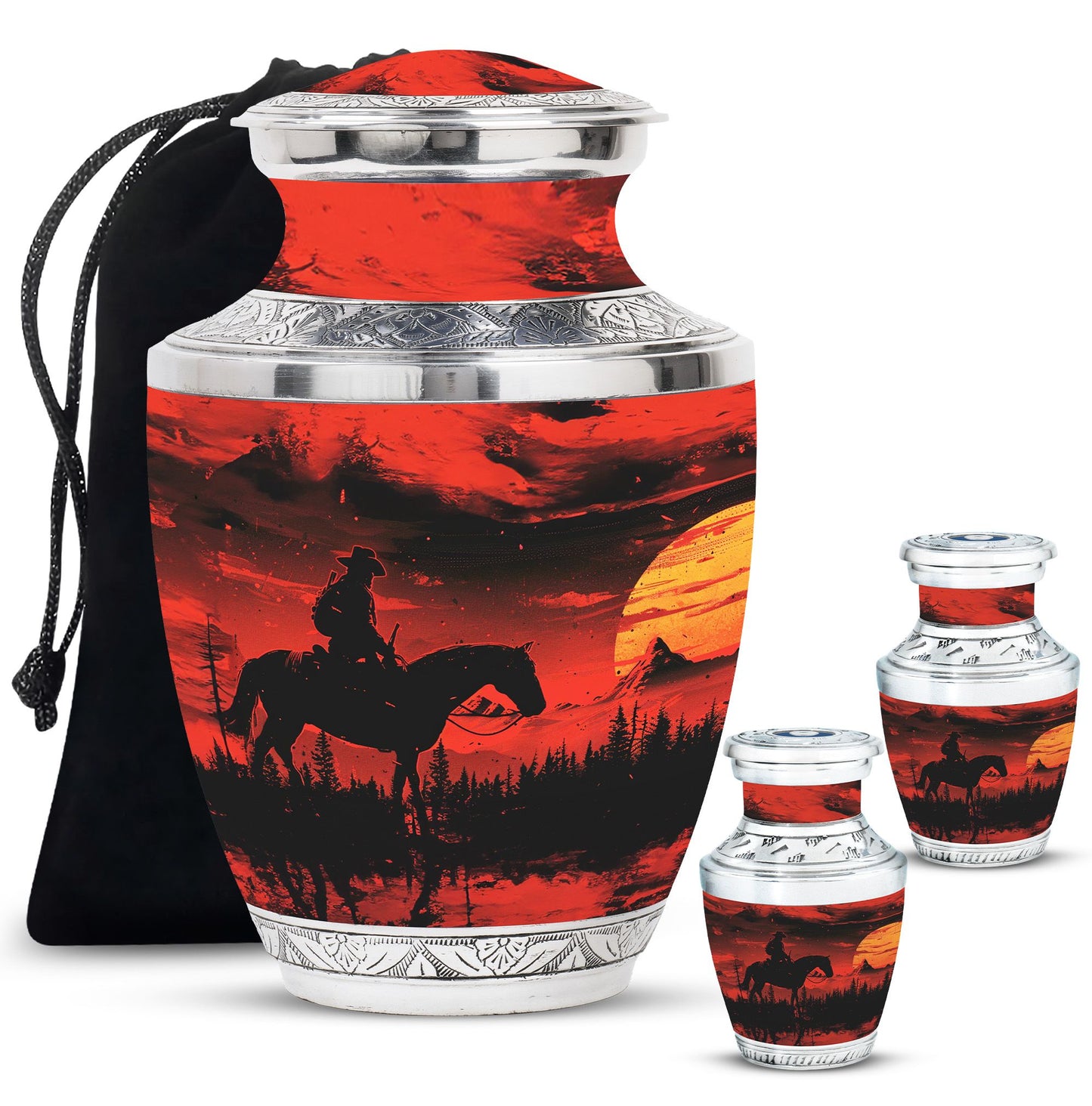 Cowboy Theme Large Urn With 2 Keepsake Urn