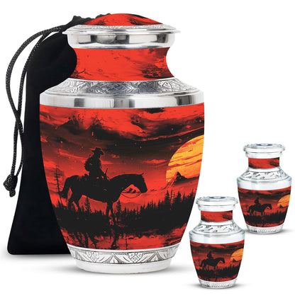 Cowboy Theme Large Urn With 2 Keepsake Urn