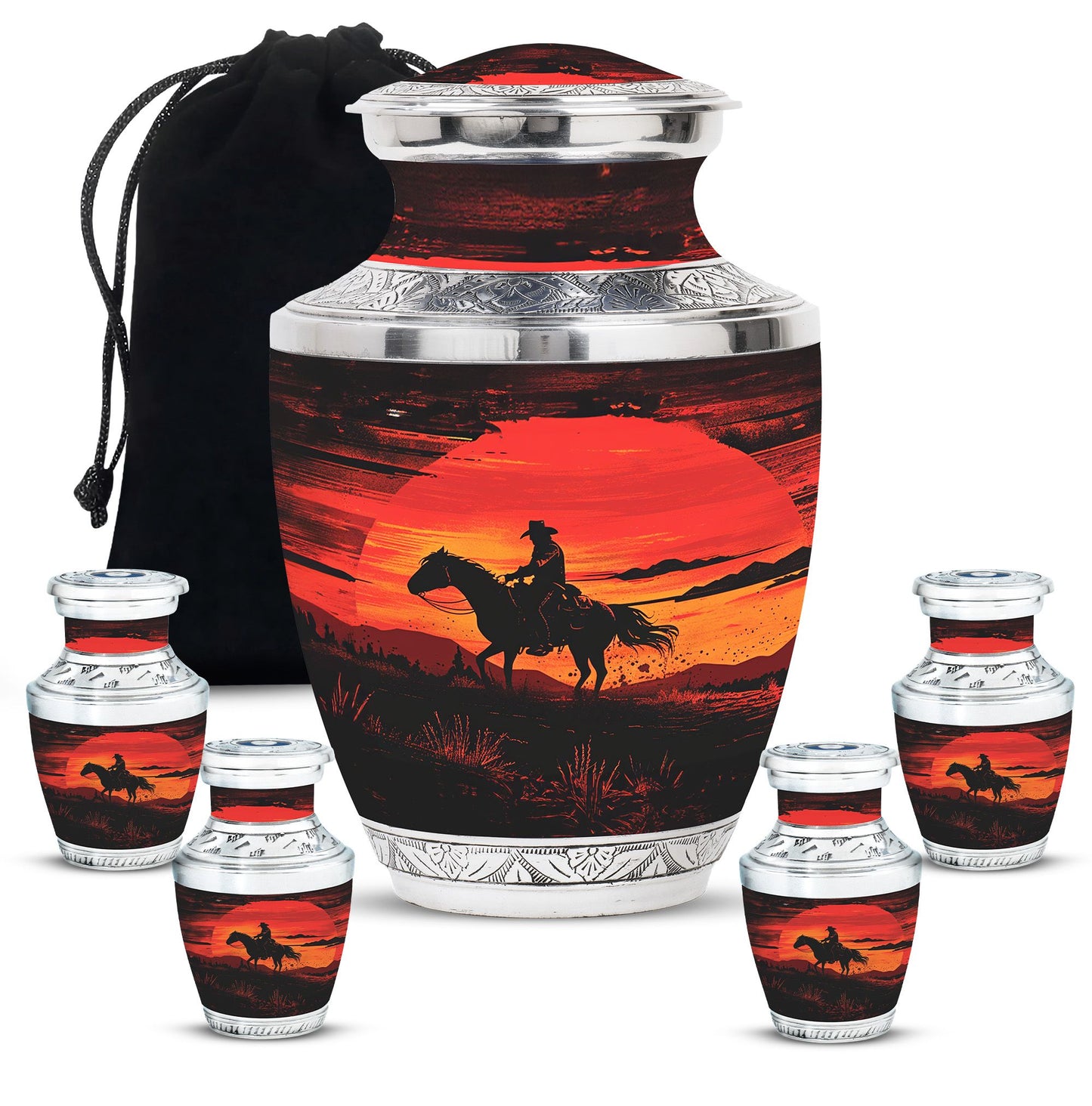 Cowboy Theme Large Urn With 4 Keepsake Urn