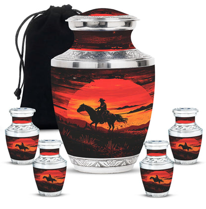 Cowboy Theme Large Urn With 4 Keepsake Urn