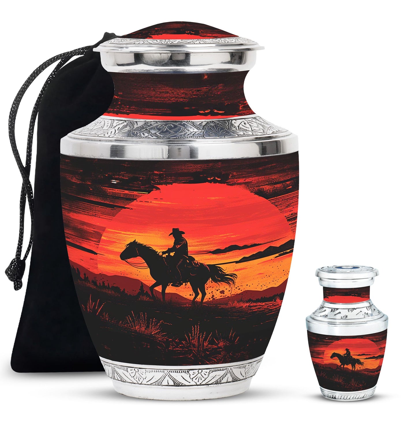Cowboy Theme Large Urn With 1 Keepsake Urn