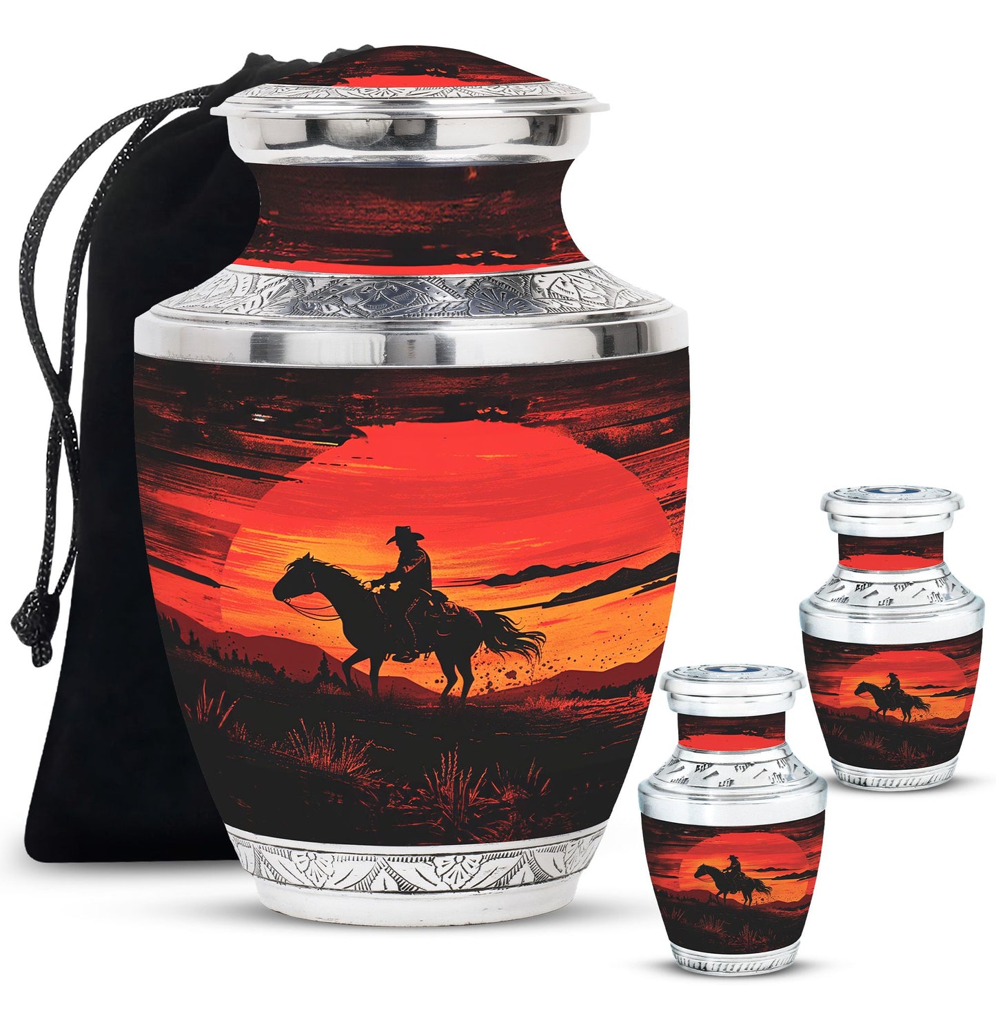 Cowboy Theme Large Urn With 2 Keepsake Urn