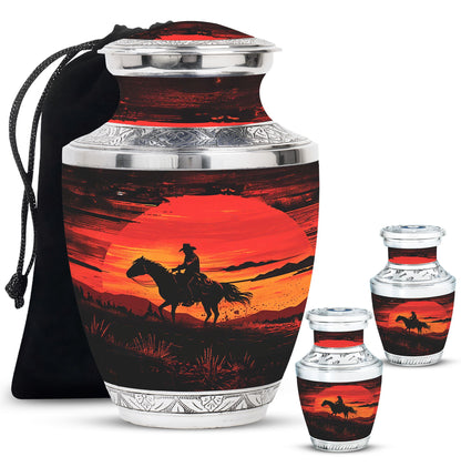 Cowboy Theme Large Urn With 2 Keepsake Urn