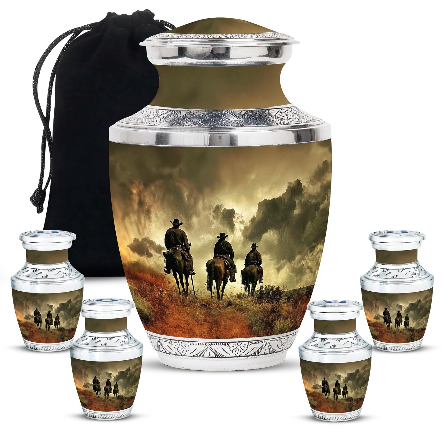 Cowboy Theme Large Urn With 4 Keepsake Urn
