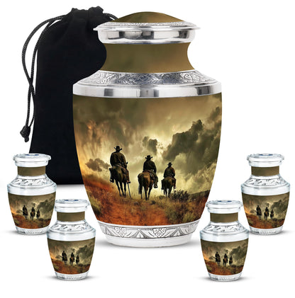 Cowboy Theme Large Urn With 4 Keepsake Urn