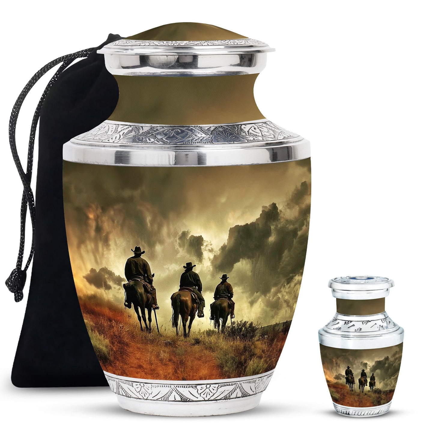 Cowboy Theme Large Urn With 1 Keepsake Urn