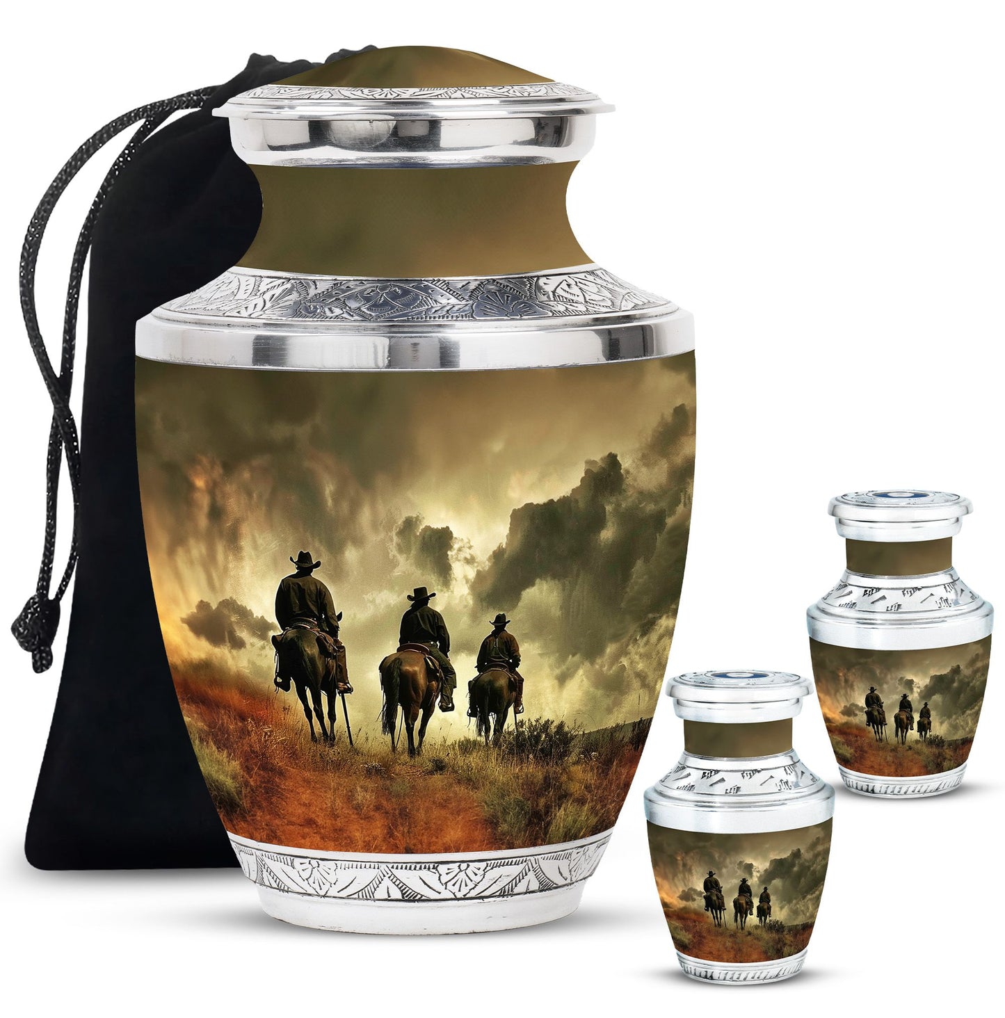 Cowboy Theme Large Urn With 2 Keepsake Urn
