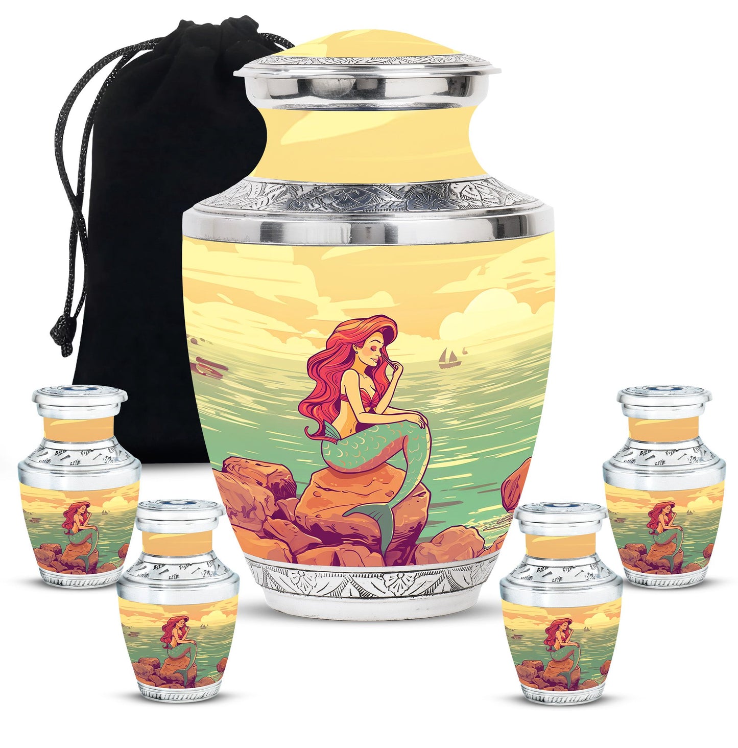 Mermaid Theme Large Urn With 4 Keepsake Urn