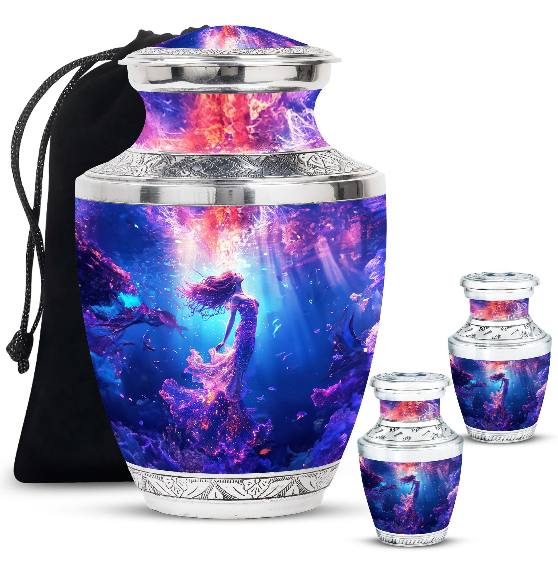 Mermaid Theme Large Urn With 2 Keepsake Urn