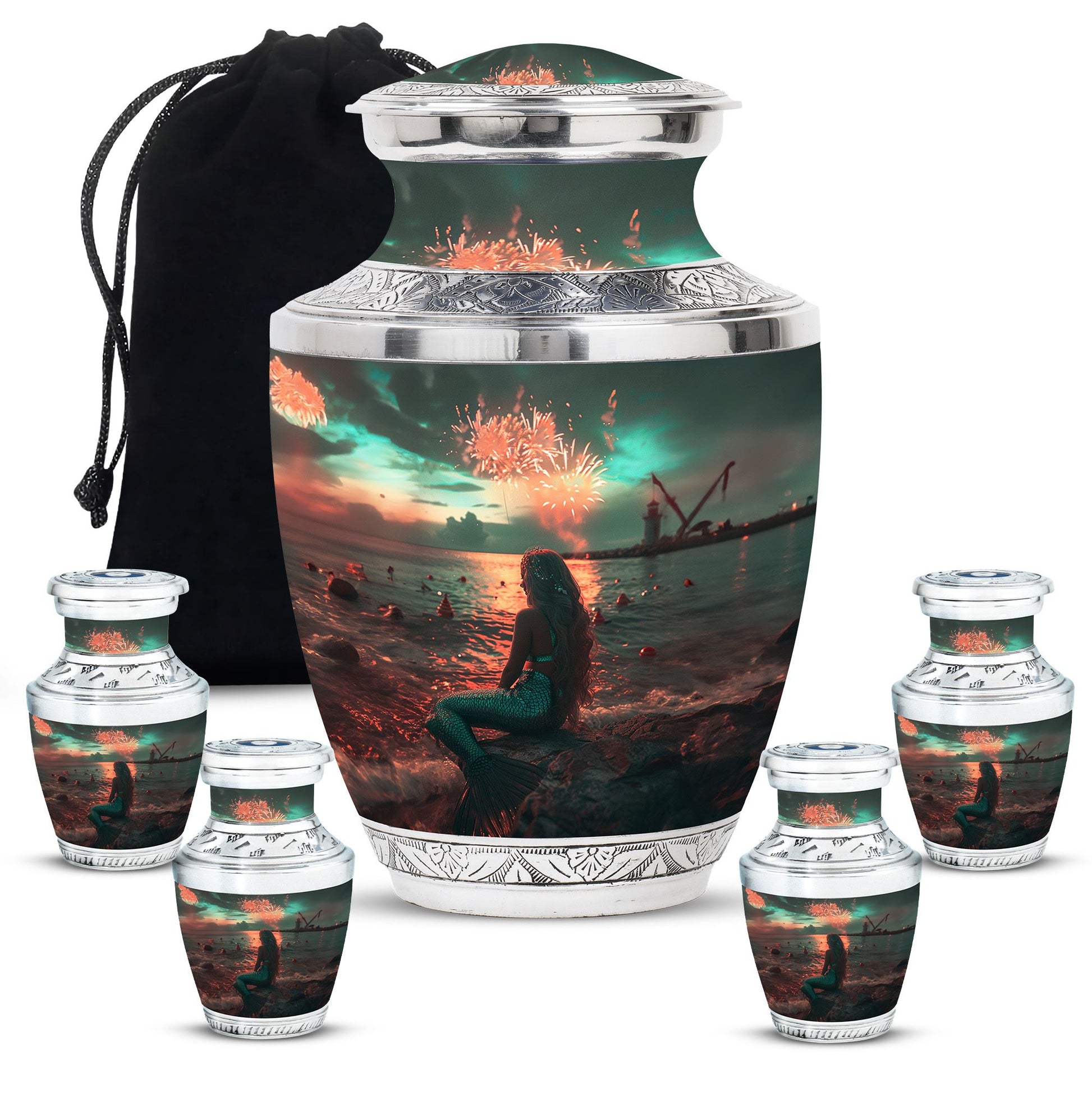 Mermaid Theme Large Urn With 4 Keepsake Urn