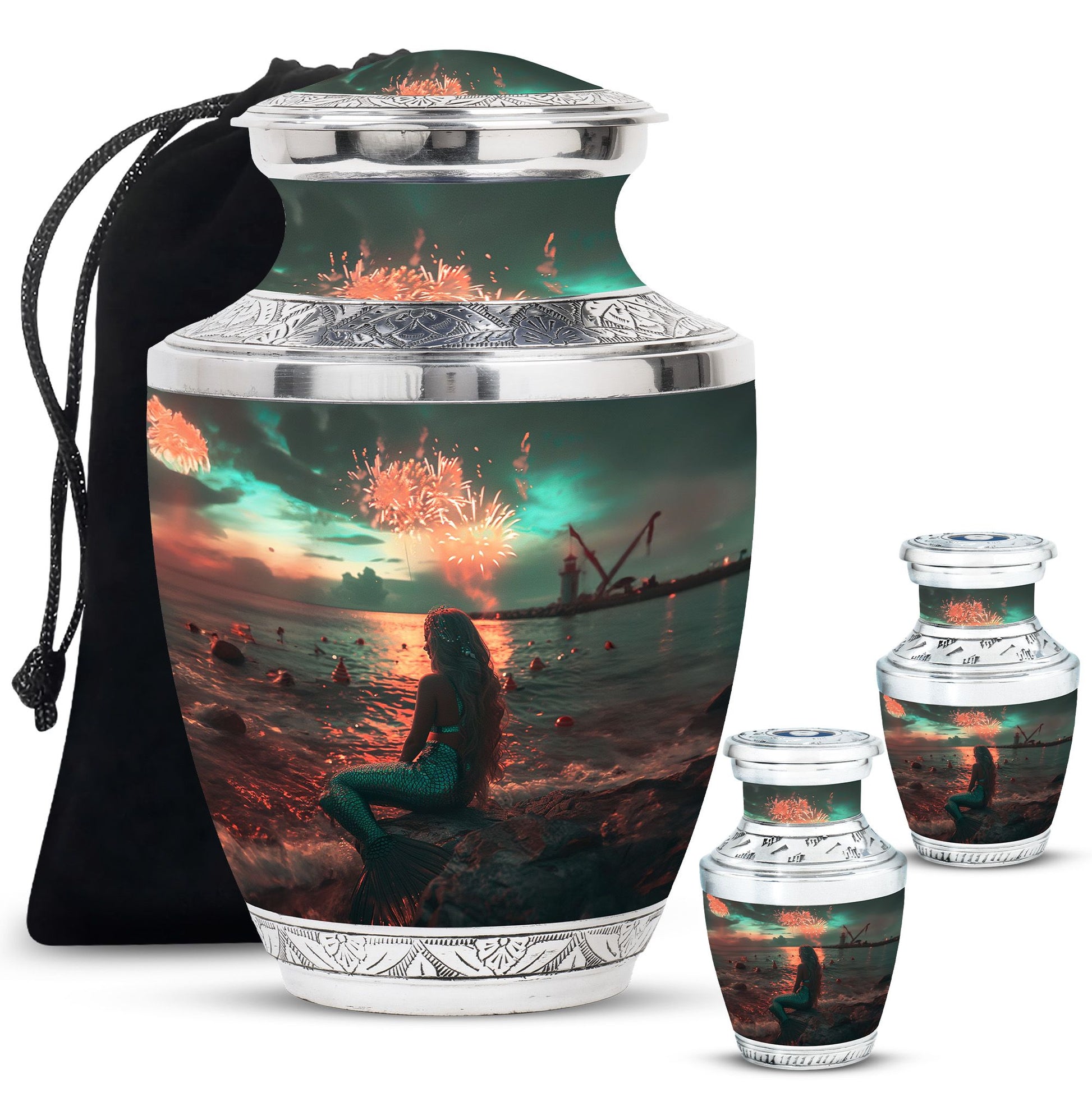 Mermaid Theme Large Urn With 2 Keepsake Urn