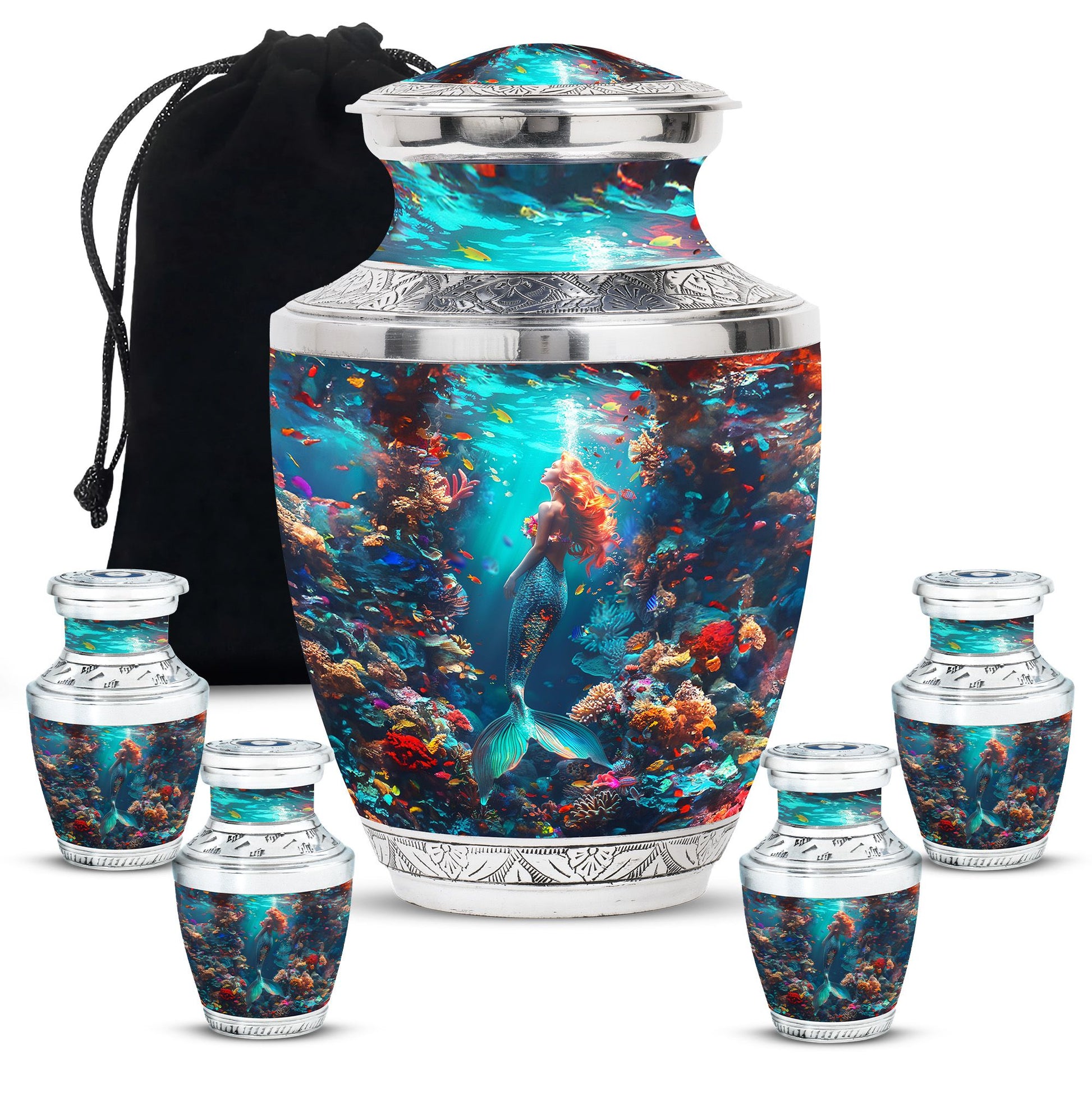 Mermaid Theme Large Urn With 4 Keepsake Urn