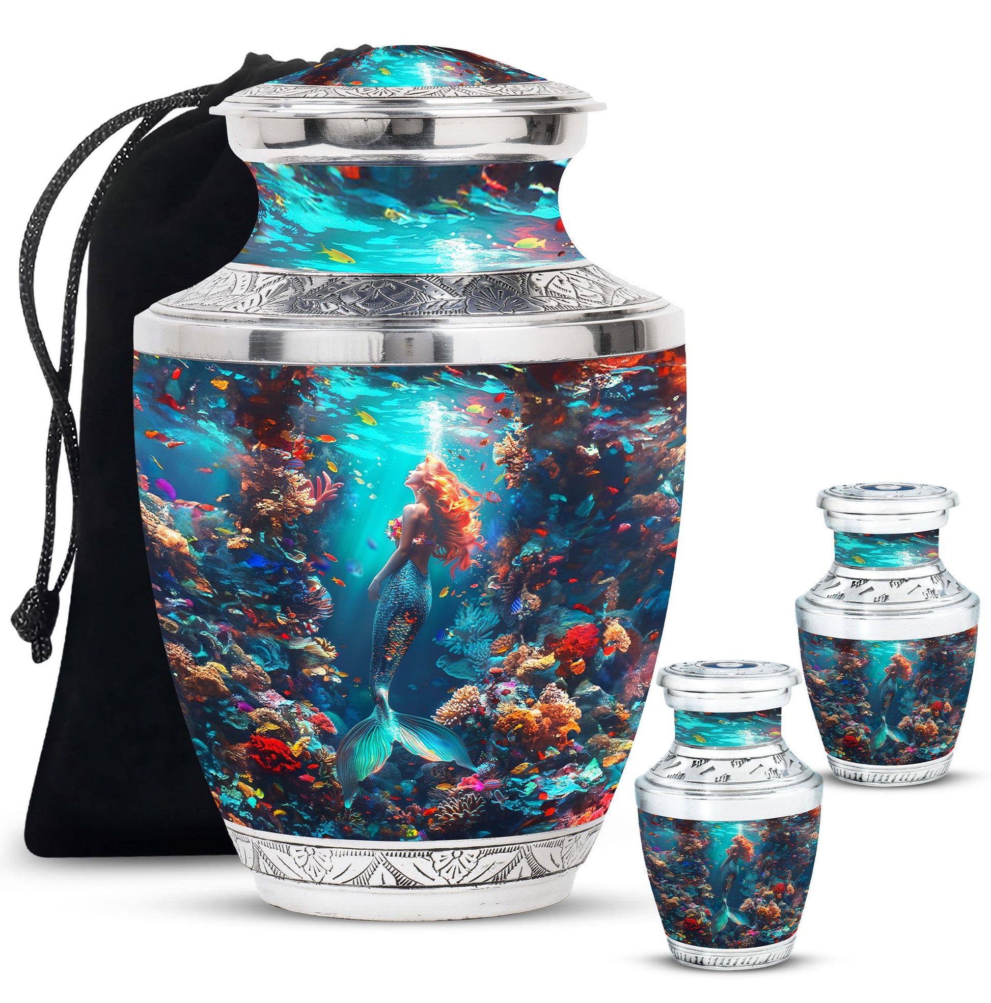 Mermaid Theme Large Urn With 2 Keepsake Urn