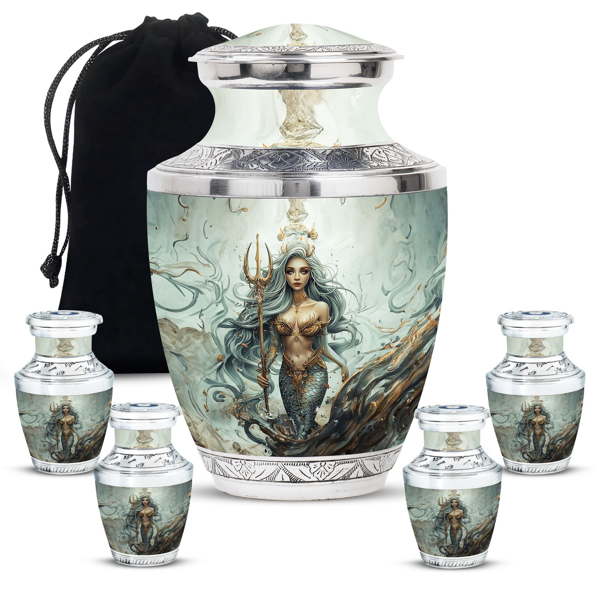 Mermaid Theme Large Urn With 4 Keepsake Urn