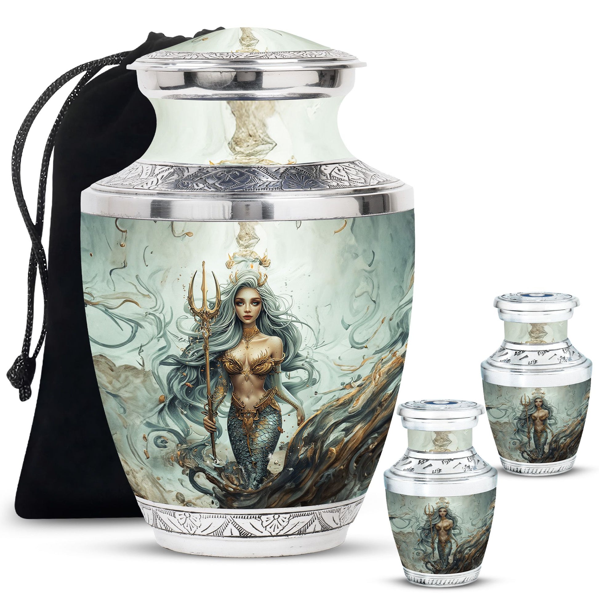 Mermaid Theme Large Urn With 2 Keepsake Urn