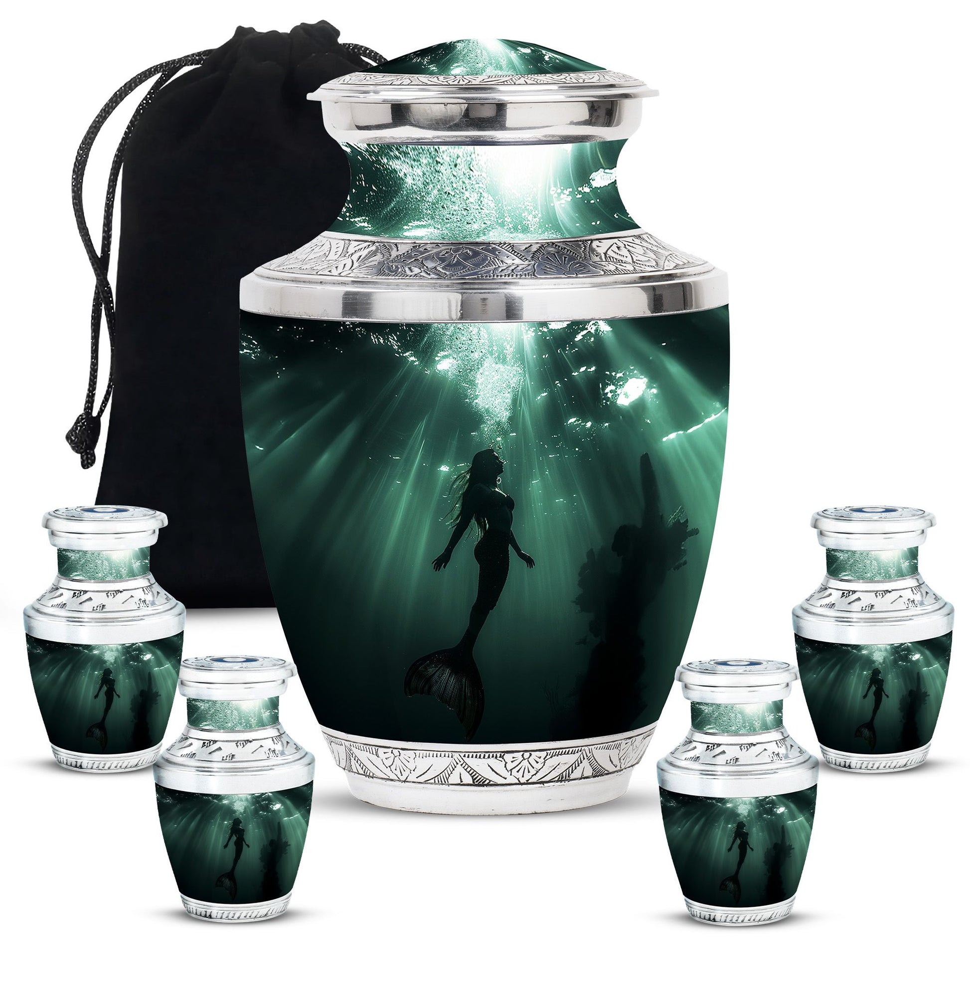 Mermaid Theme Large Urn With 4 Keepsake Urn