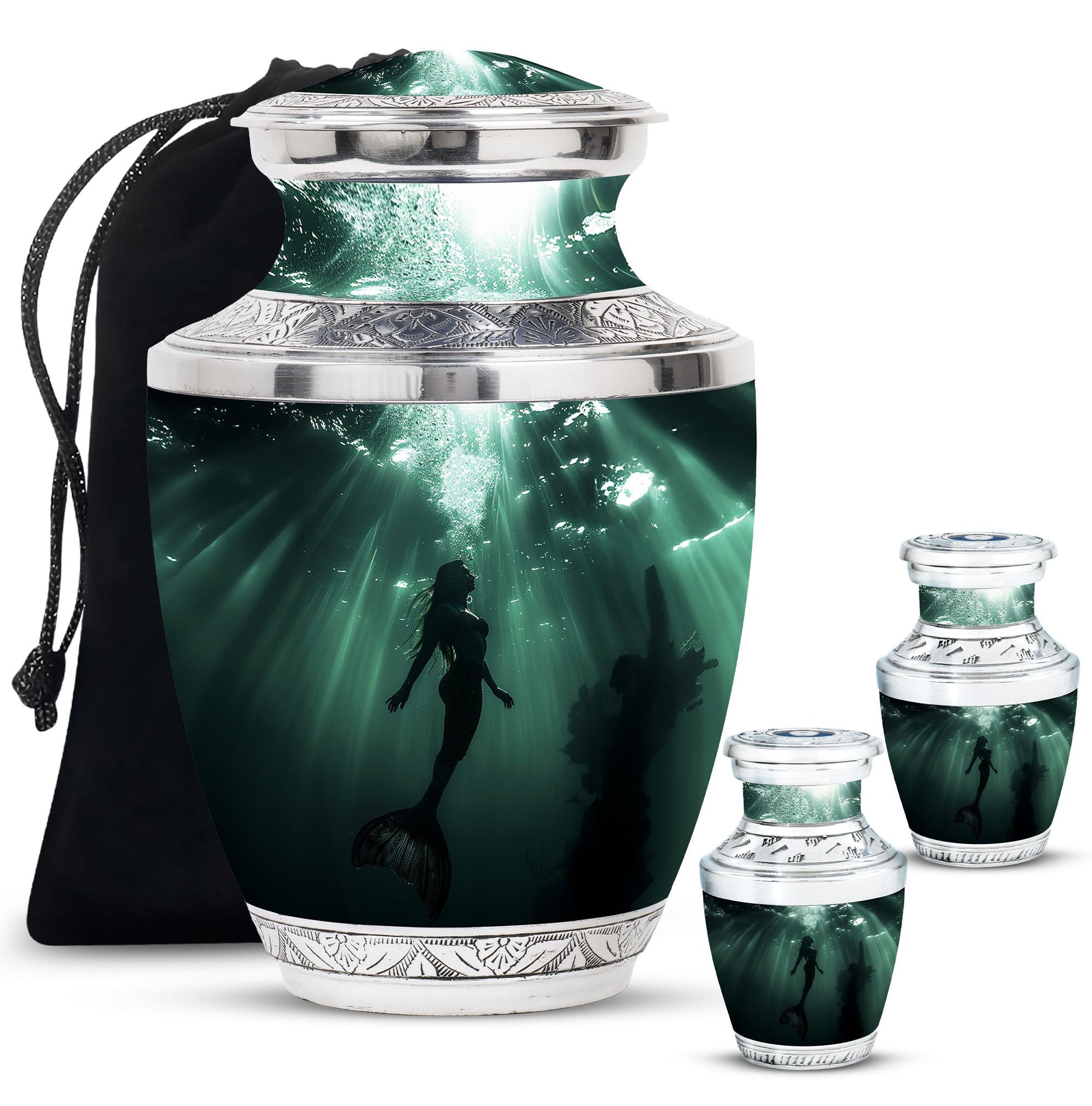 Mermaid Theme Large Urn With 2 Keepsake Urn