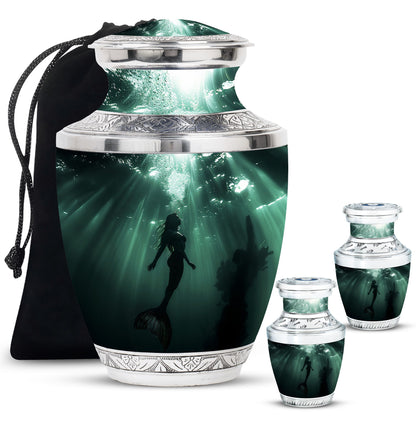 Mermaid Theme Large Urn With 2 Keepsake Urn