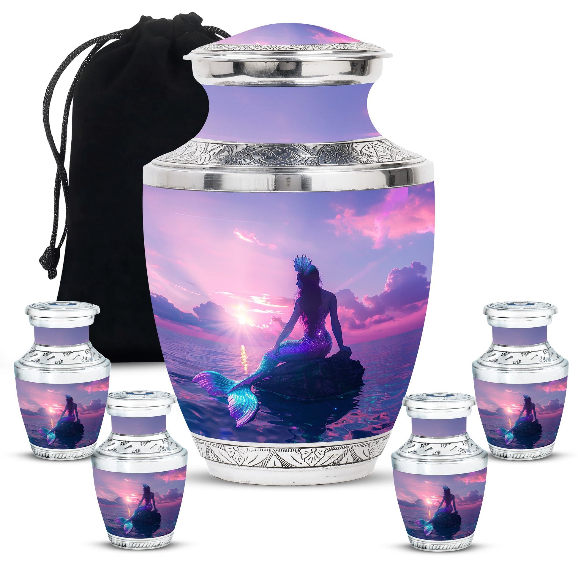 Mermaid Theme Large Urn With 4 Keepsake Urn