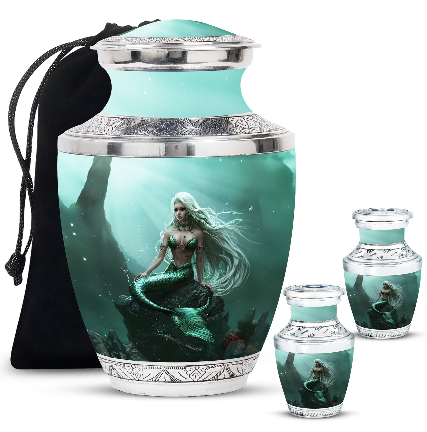 Mermaid Theme Large Urn With 2 Keepsake Urn