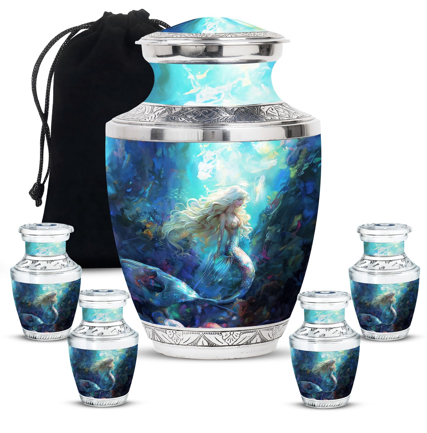 Mermaid Theme Large Urn With 4 Keepsake Urn