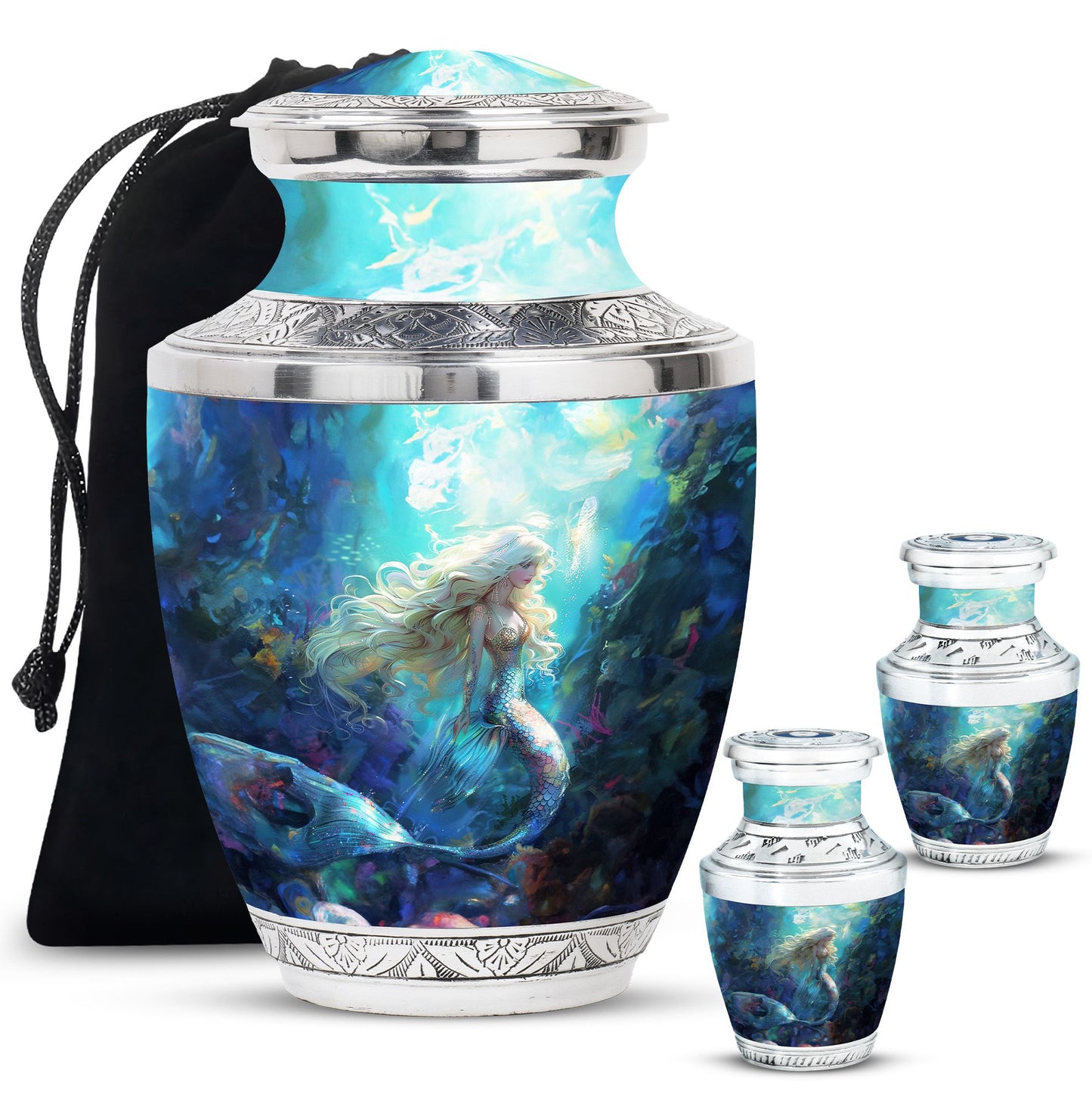 Mermaid Theme Large Urn With 2 Keepsake Urn