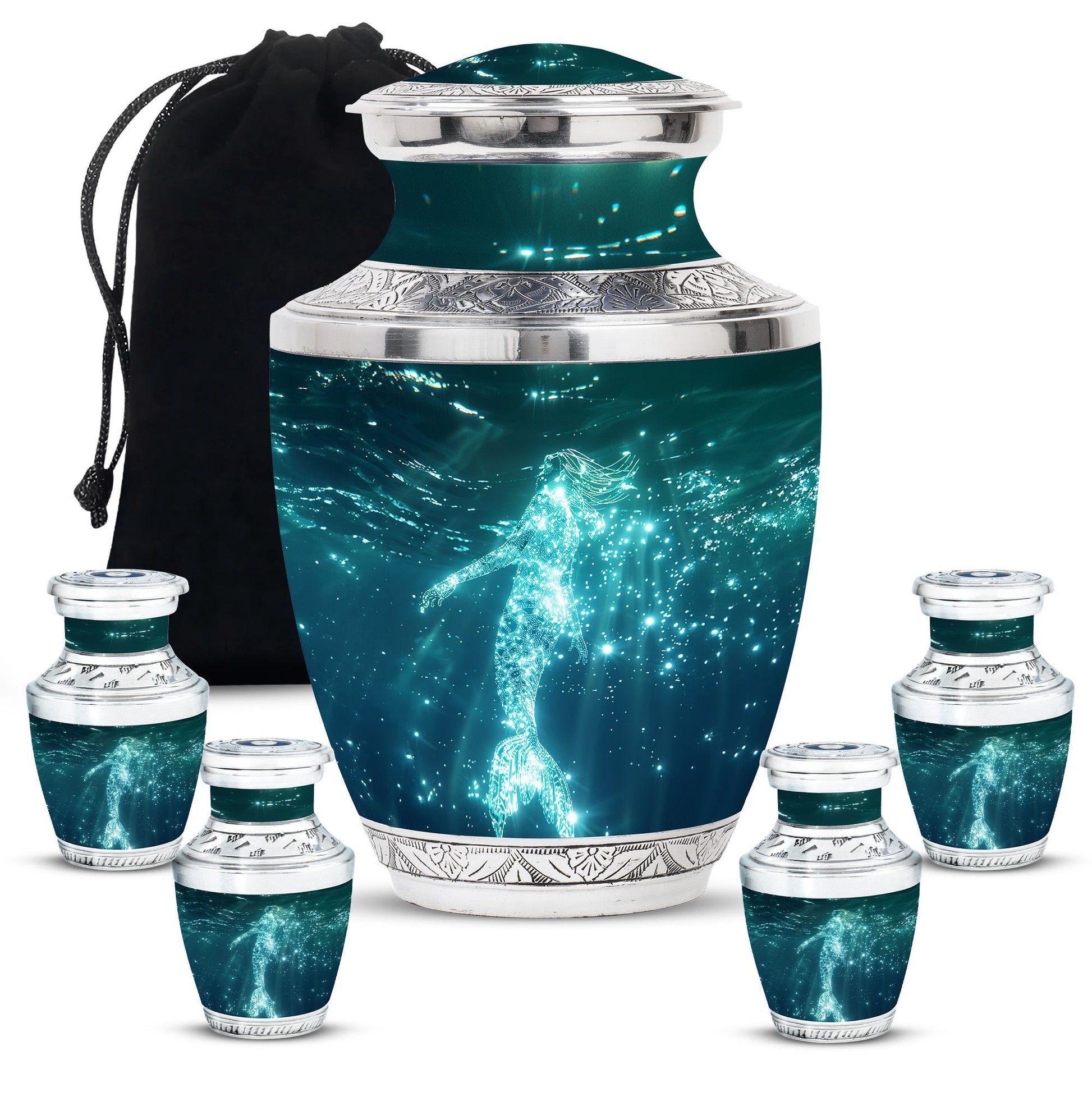Mermaid Theme Large Urn With 4 Keepsake Urn