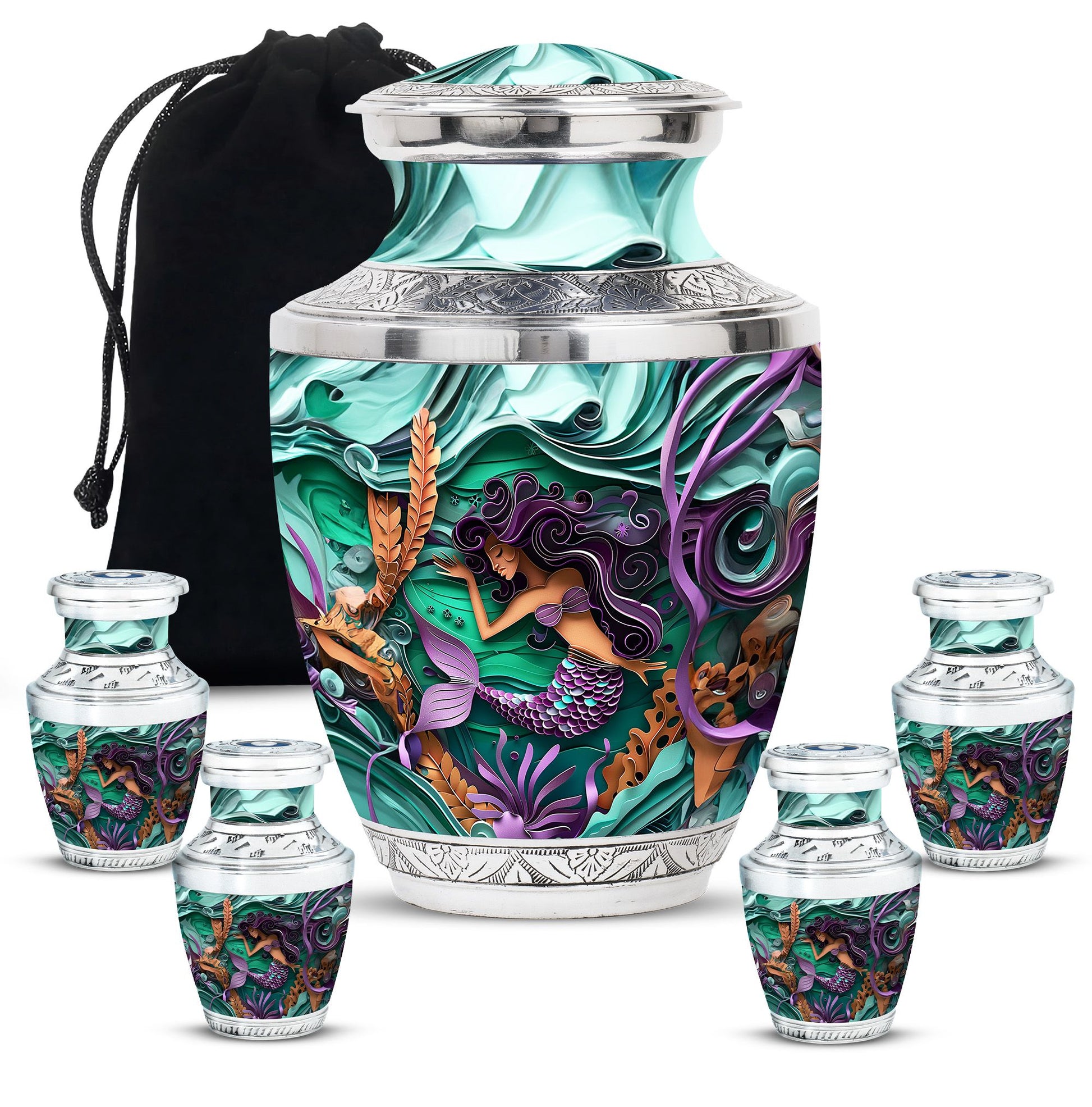 Mermaid Theme Large Urn With 4 Keepsake Urn