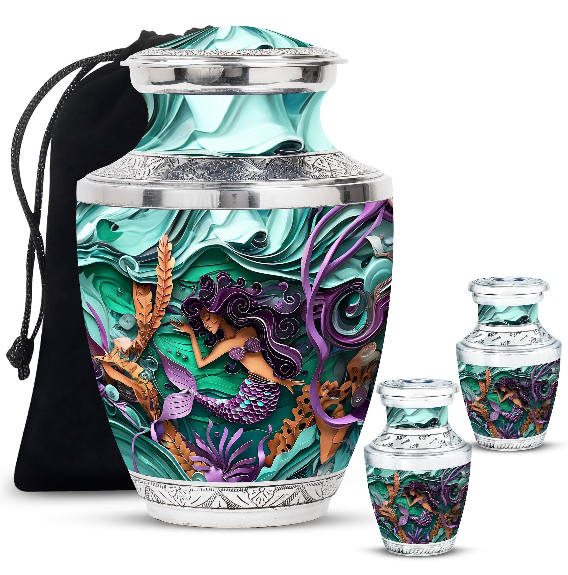 Mermaid Theme Large Urn With 2 Keepsake Urn