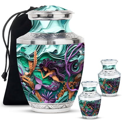 Mermaid Theme Large Urn With 2 Keepsake Urn