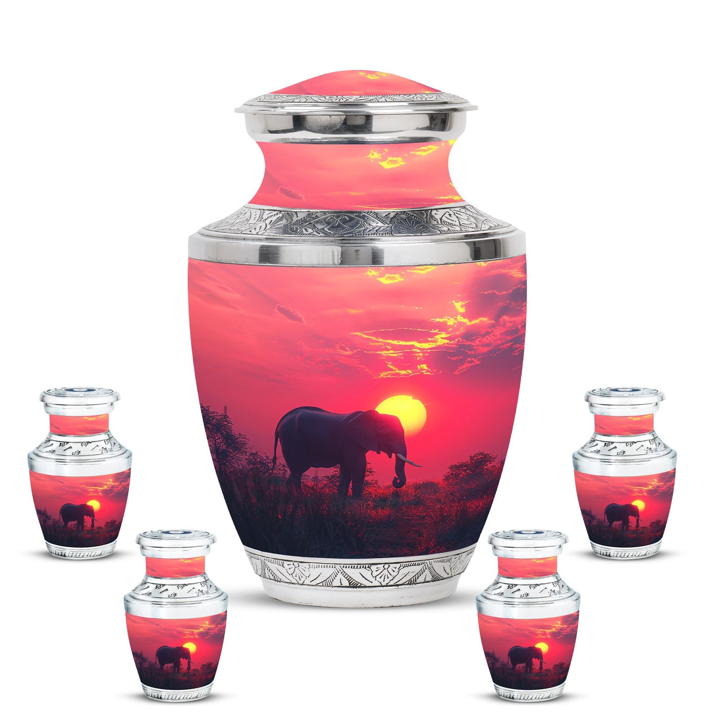 Elephant Theme Large Urn With 4 Keepsake Urn