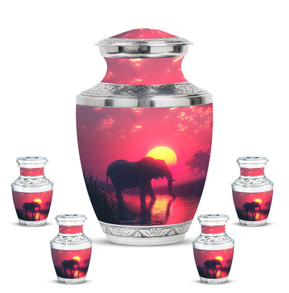 Elephant Theme Large Urn With 4 Keepsake Urn