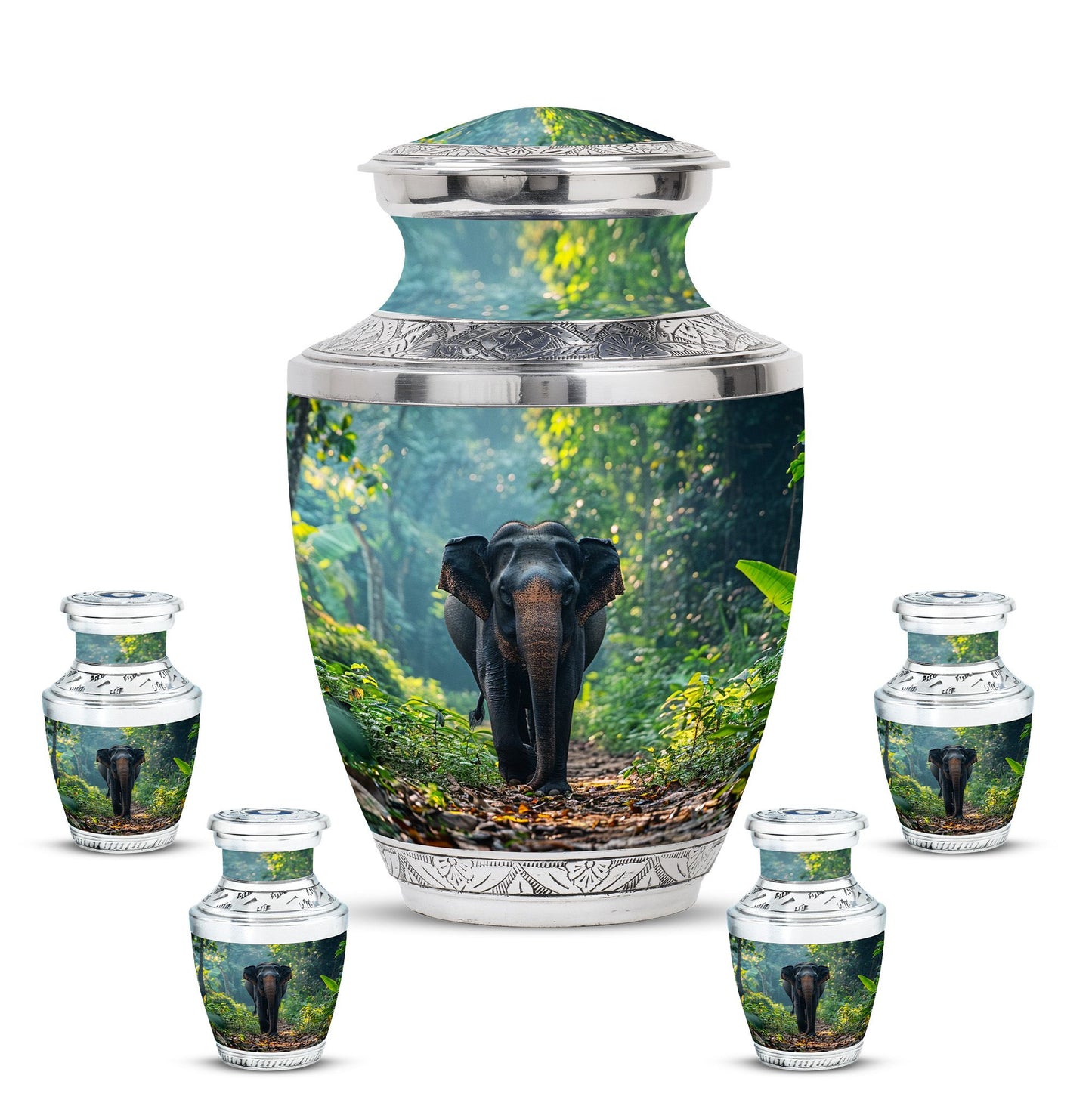 Elephant Theme Large Urn With 4 Keepsake Urn