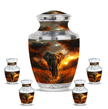 Elephant Theme Large Urn With 4 Keepsake Urn