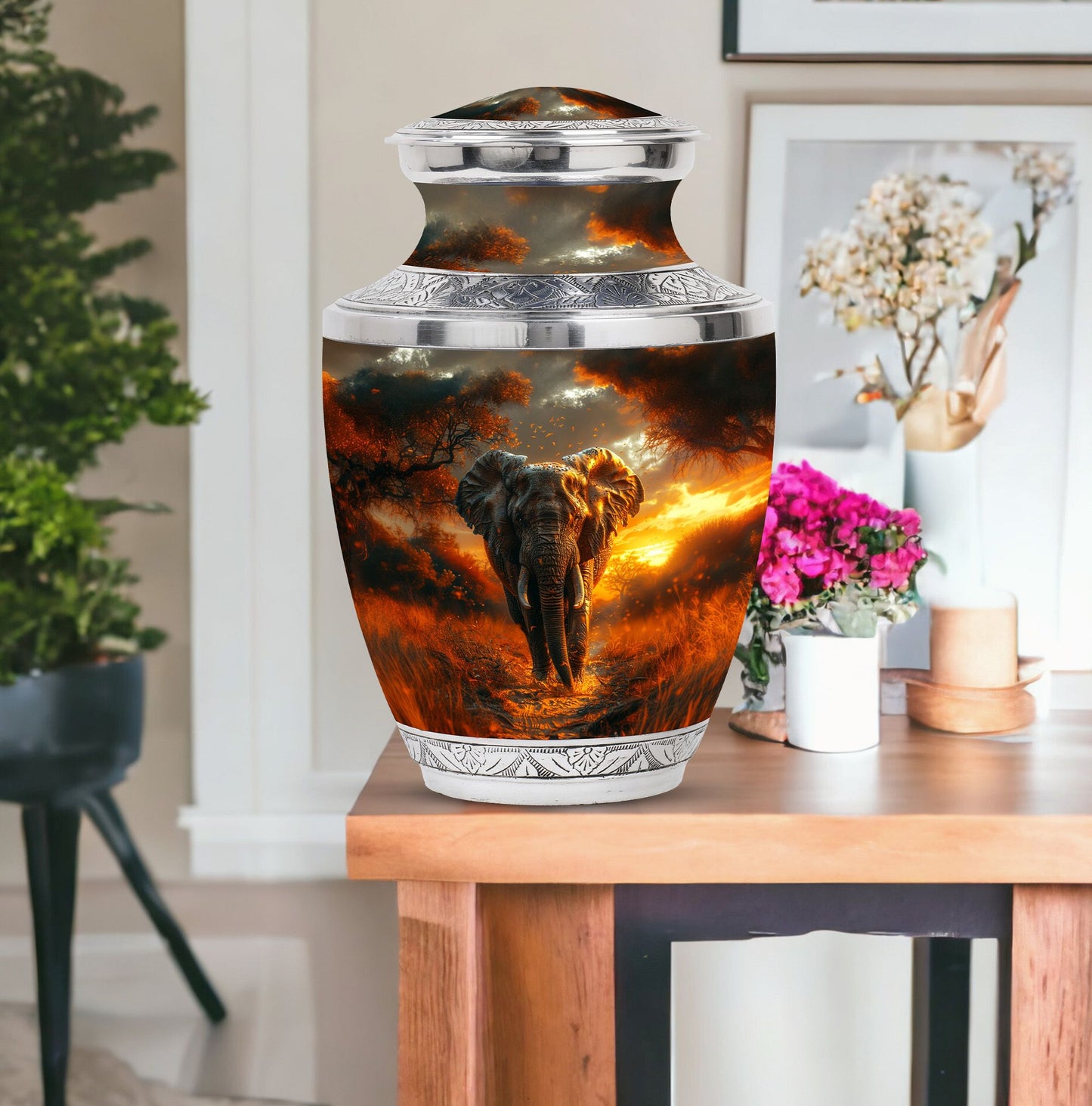 Elephant Theme Large Urn With 1 Keepsake Urn