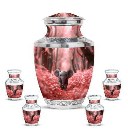 Elephant Theme Large Urn With 4 Keepsake Urn