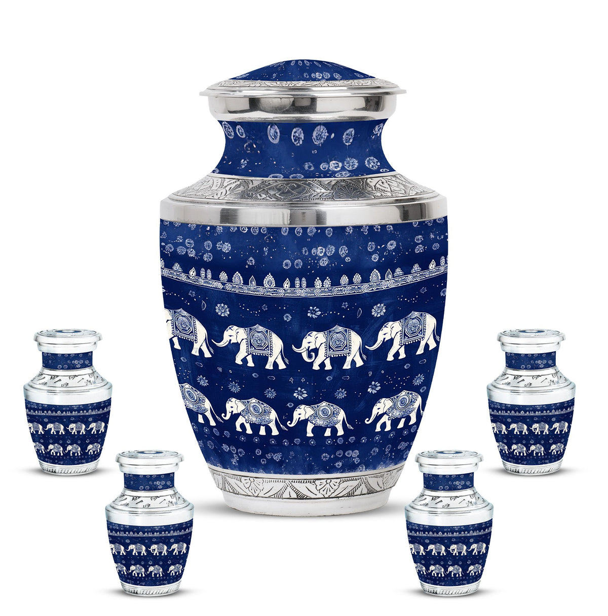 Elephant Family Theme Large Urn With 4 Keepsake Urn