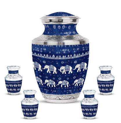 Elephant Family Theme Large Urn With 4 Keepsake Urn