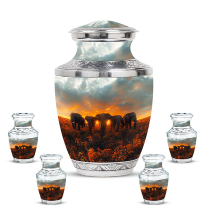Elephant Family Theme Large Urn With 4 Keepsake Urn