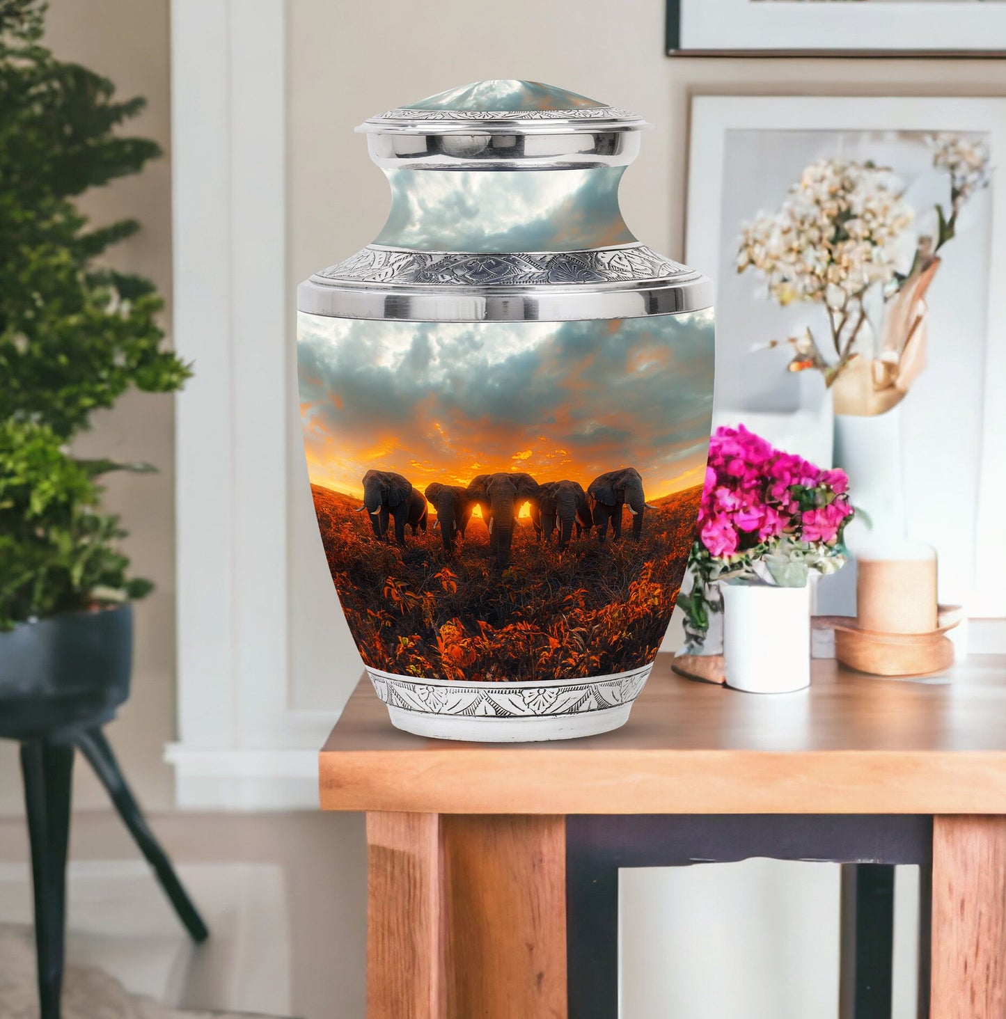 Elephant Family Theme Large Urn With 1 Keepsake Urn