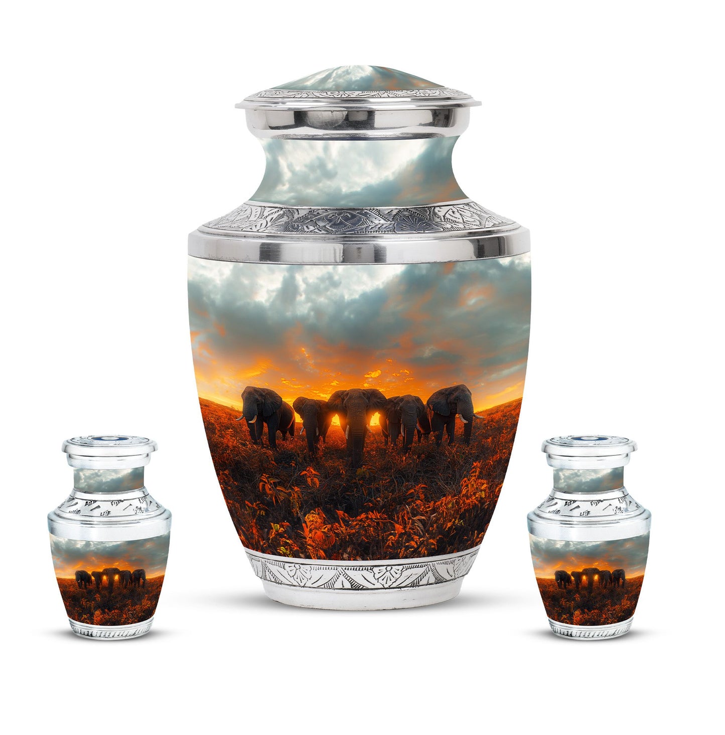 Elephant Family Theme Large Urn With 2 Keepsake Urn