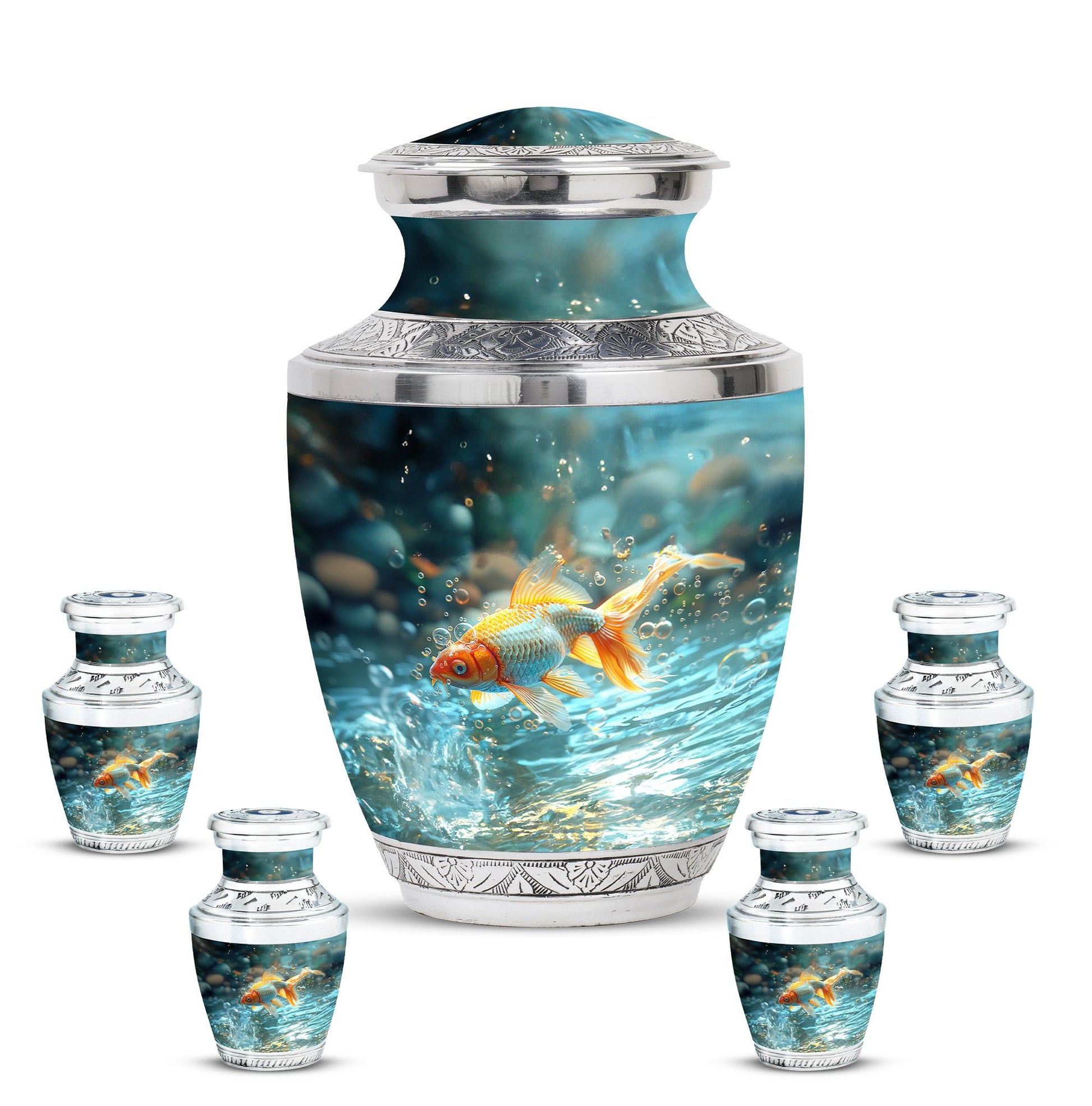 Gold Fish Theme Large Urn With 4 Keepsake Urn