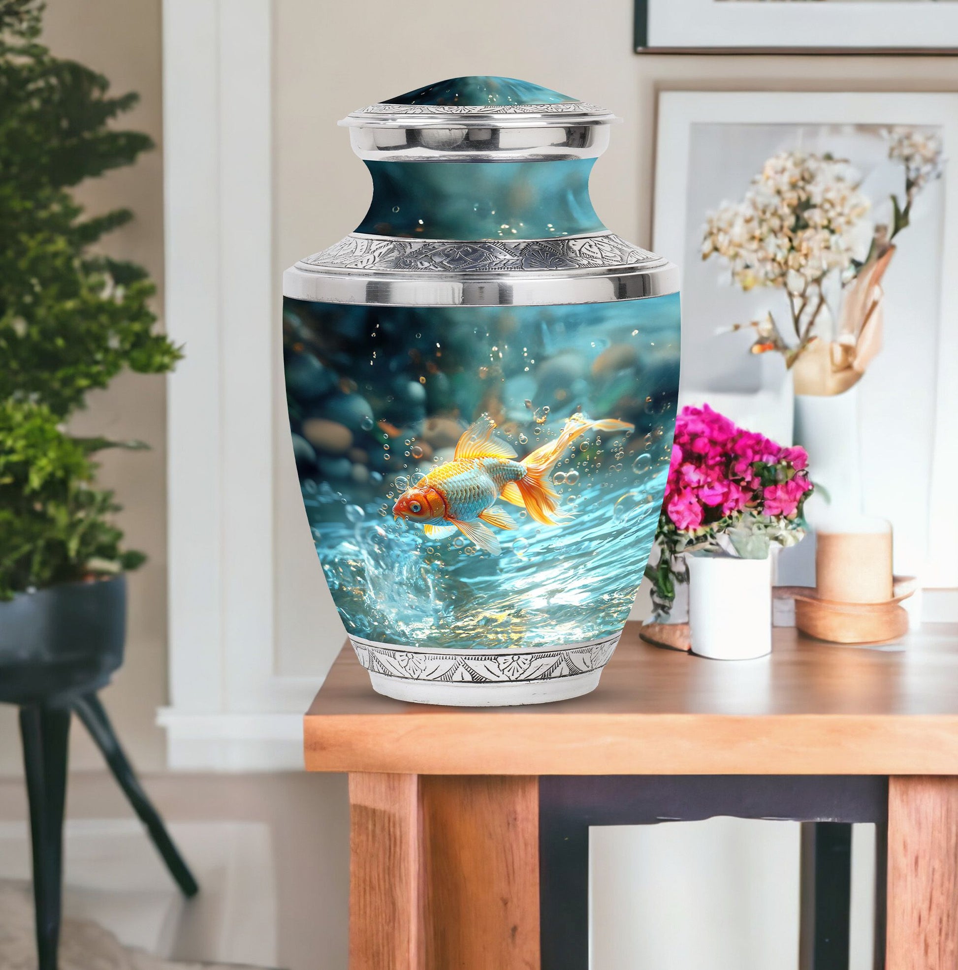 Gold Fish Theme Large Urn With 1 Keepsake Urn