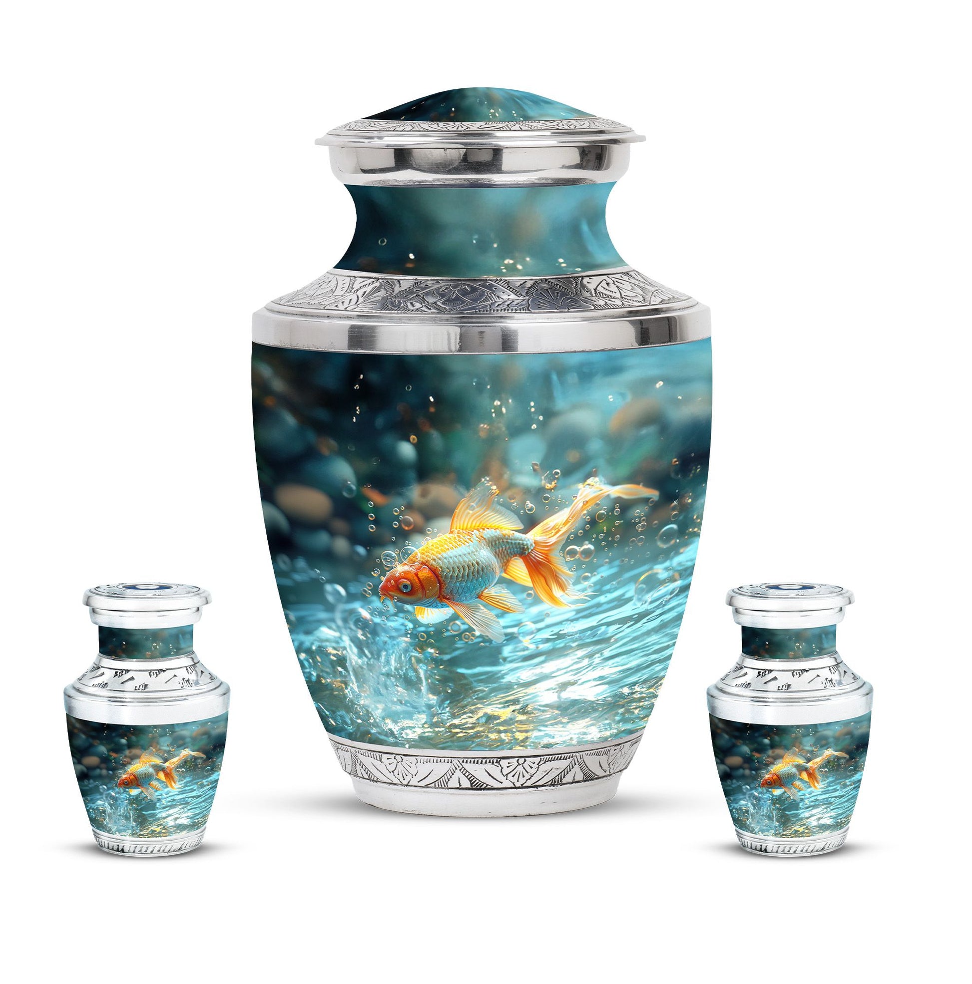 Gold Fish Theme Large Urn With 2 Keepsake Urn