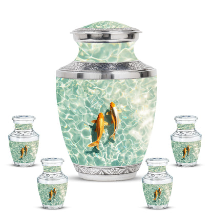 Gold Fish Theme Large Urn With 4 Keepsake Urn