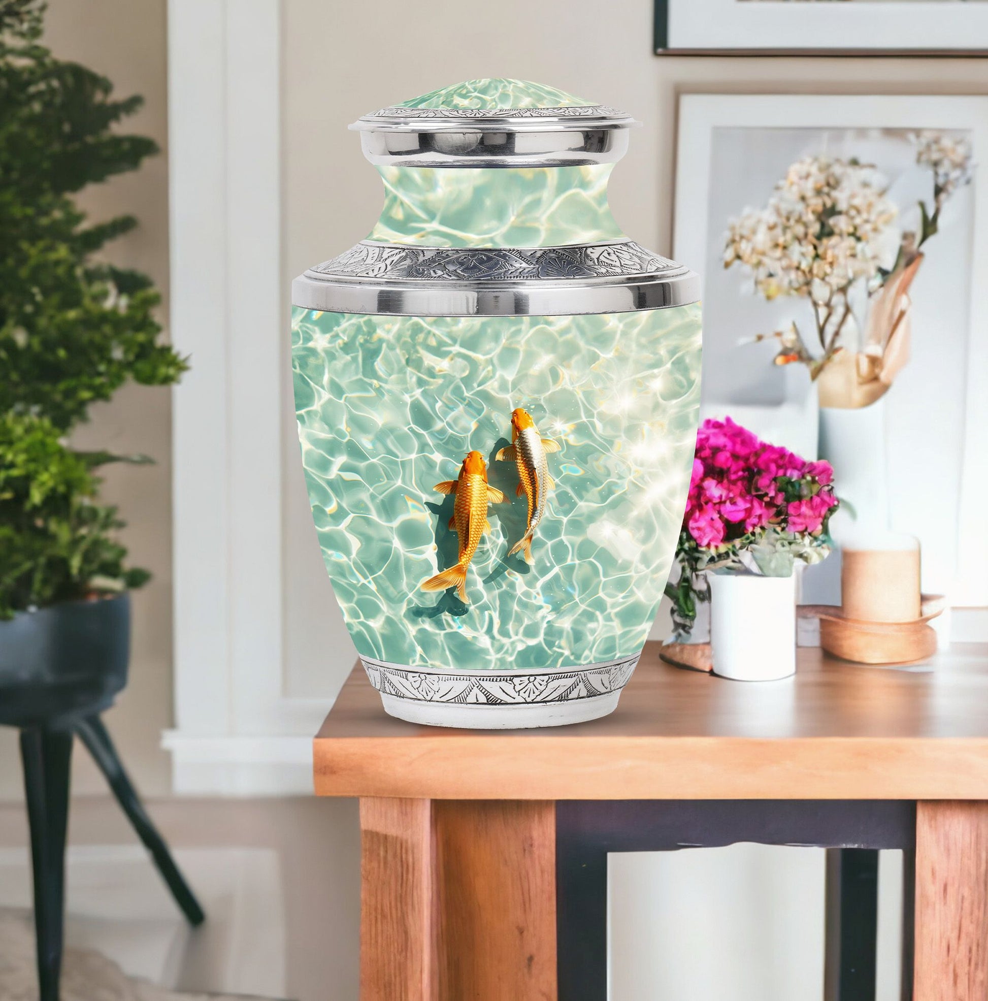 Gold Fish Theme Large Urn With 1 Keepsake Urn