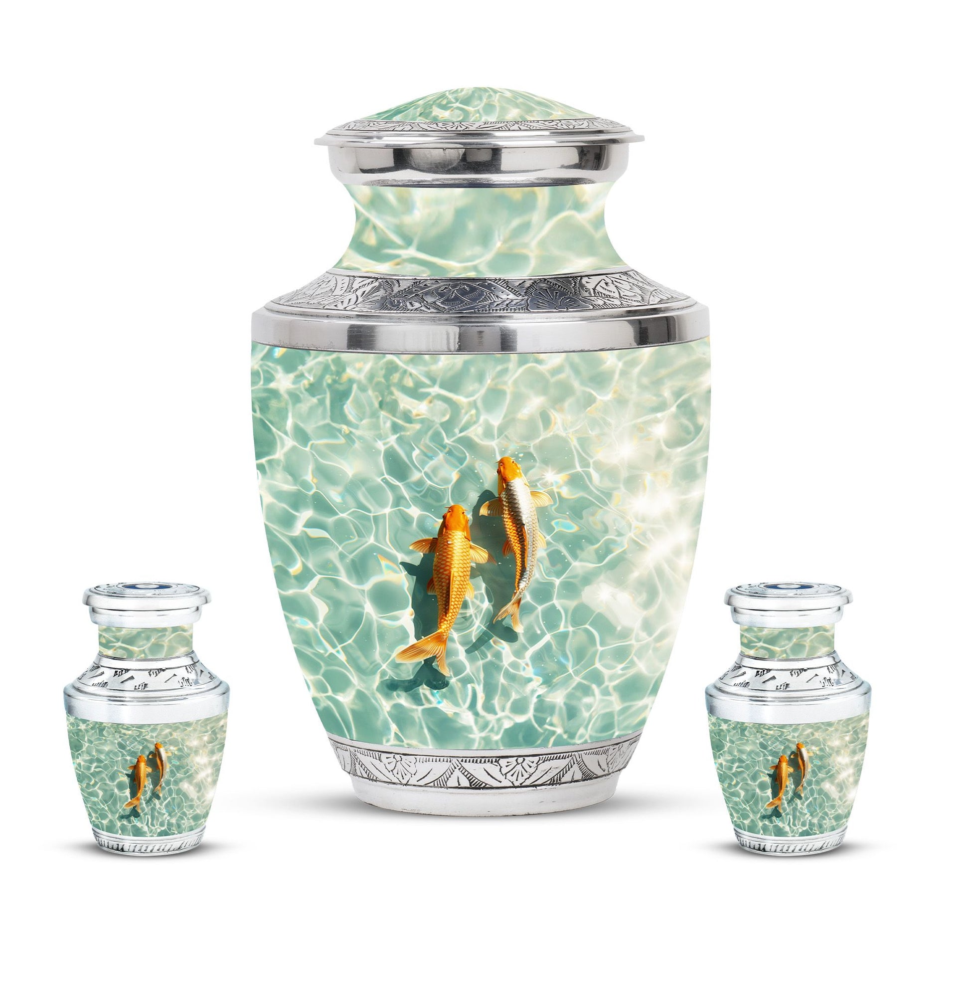Gold Fish Theme Large Urn With 2 Keepsake Urn